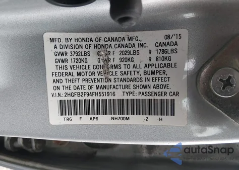 2015 Honda Civic Ex-L from USA, damaged, VIN 2HGFB2F94FH551916